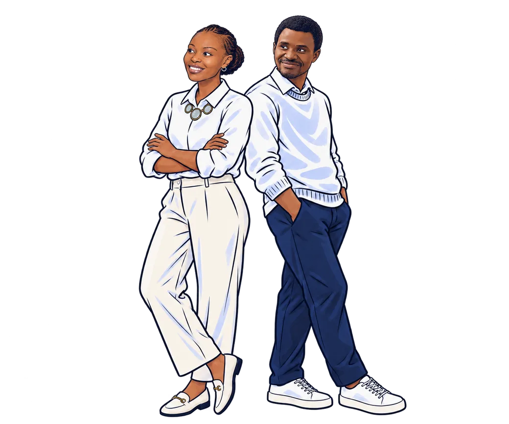 Illustration of Grace Thuo and Ibukun Taiwo standing back-to-back